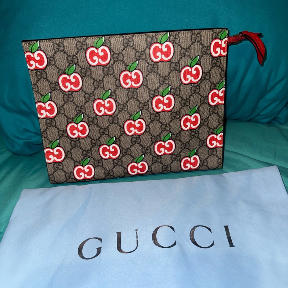 Gucci Brown Pouch with Red Apple Motif